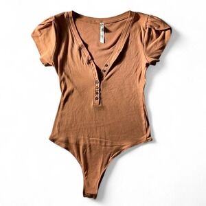Free People Intimately Bodysuit‎ Top Shirt Puff Sleeve Buttons Copper S Boho